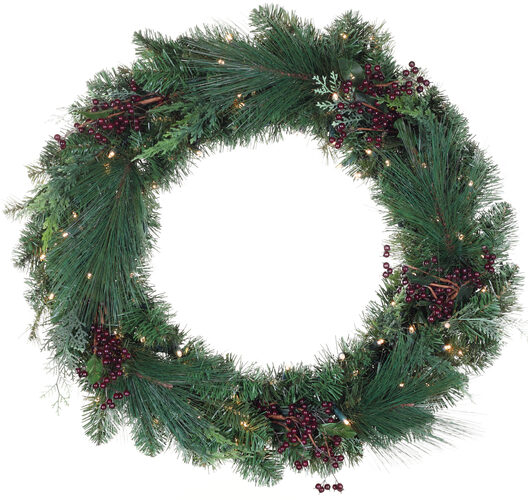 24" Savannah Mixed Pine Battery Operated Wreath, 70 Warm White LED 5mm Lights
