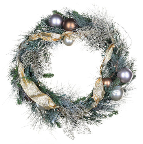24" Scotch Mixed Pine Battery Operated Wreath, 15 Warm White LED 5mm Lights