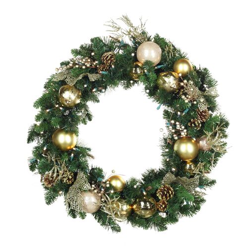 24" Royal Gold Battery Operated Wreath, 50 Warm White LED 5mm Lights
