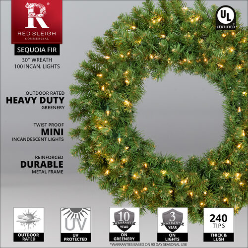 36" Commercial Sequoia Fir Prelit Wreath, 150 Clear Mini Lights