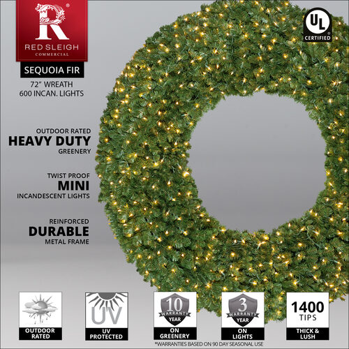 36" Commercial Sequoia Fir Prelit Wreath, 150 Clear Mini Lights