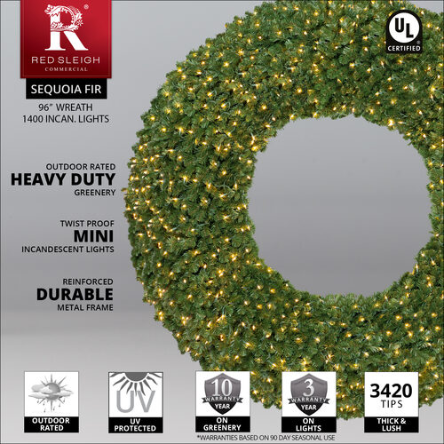 36" Commercial Sequoia Fir Prelit Wreath, 150 Clear Mini Lights