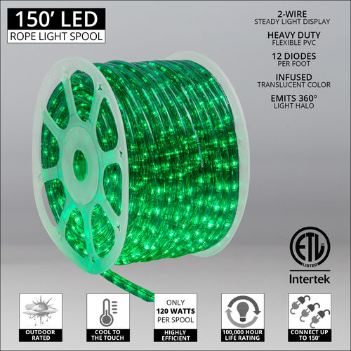 Green LED Rope Light, 150 ft