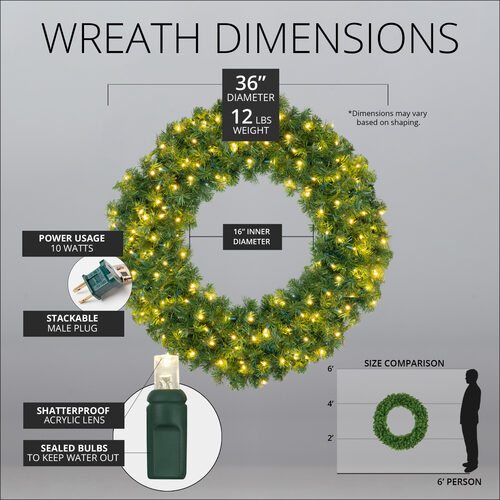 36" Commercial Olympia Pine Prelit Wreath, 150 Warm White LED 5mm Lights