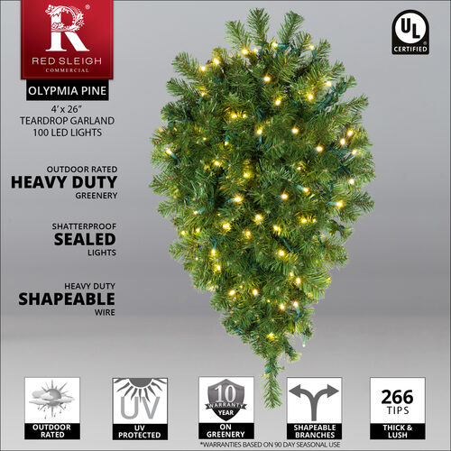 4' x 26" Olympia Pine Prelit Commercial LED Teardrop Holiday Greenery, 100 Warm White Lights