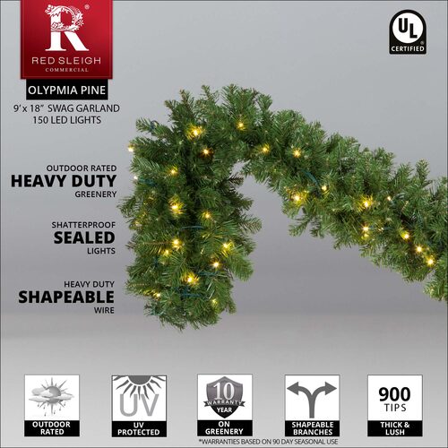 9' x 18" Olympia Pine Prelit Commercial LED Swag Holiday Garland, 150 Warm White Lights