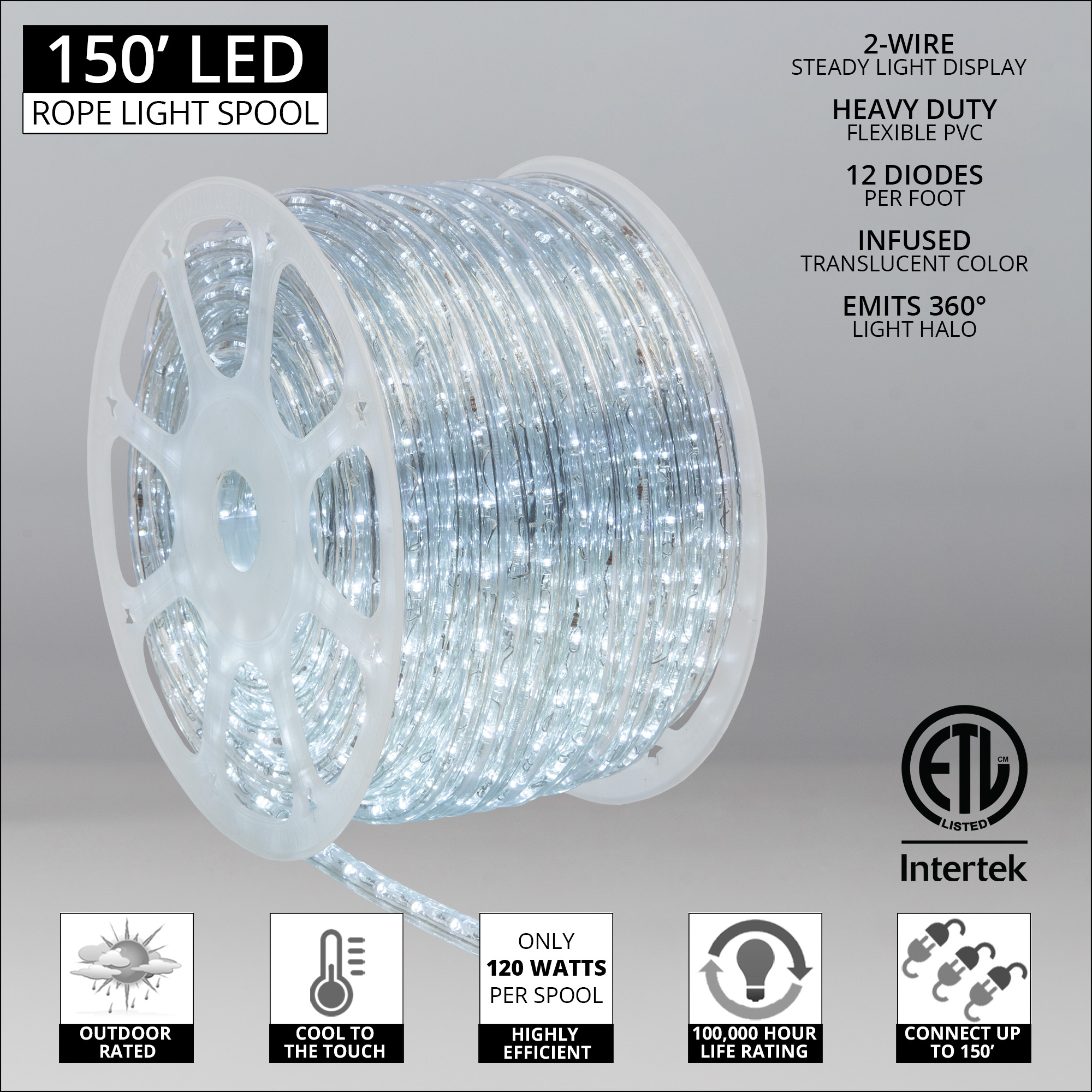 Cool White LED Rope Light 150 ft Wintergreen Corporation