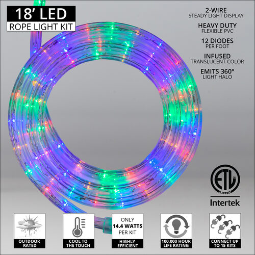 Multi: Red, Blue, Green, Yellow LED Rope Light, 18 ft