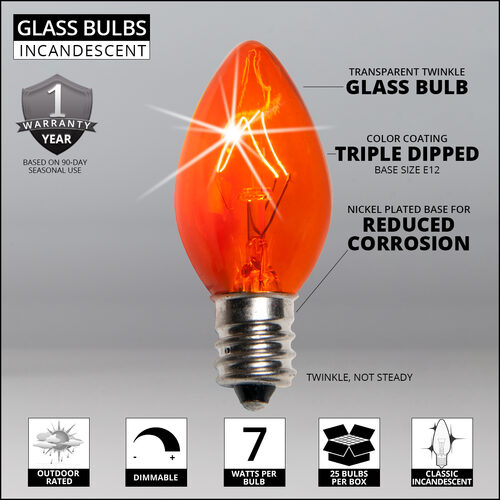 C7 Twinkle Amber / Orange Triple Dipped Transparent Bulbs