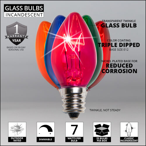 C7 Twinkle Multicolor Triple Dipped Transparent Bulbs