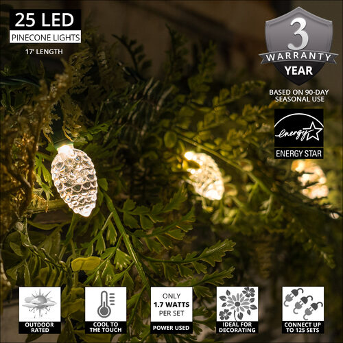 25 Warm White Pinecone LED Lights, 8" Spacing
