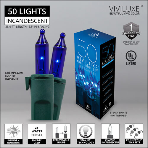 50 Viviluxe TM Blue Christmas Mini Lights, Green Wire, 5.5" Spacing