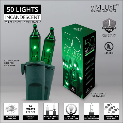 50 Viviluxe TM Green Christmas Mini Lights, Green Wire, 5.5" Spacing