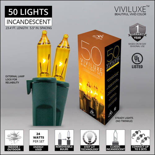 50 Viviluxe TM Gold Christmas Mini Lights, Green Wire, 5.5" Spacing