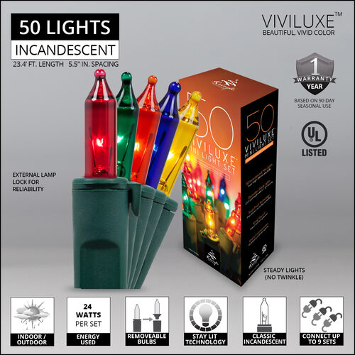 50 Viviluxe TM Multi Color Christmas Mini Lights, Green Wire, 5.5" Spacing
