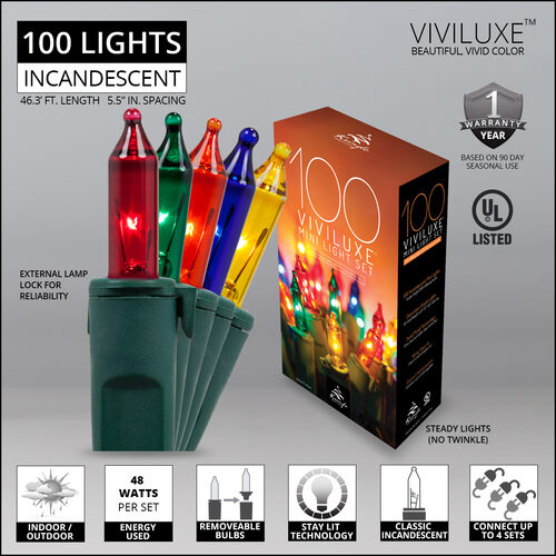 100 Viviluxe TM Multi Color Christmas Mini Lights, Green Wire, 5.5" Spacing