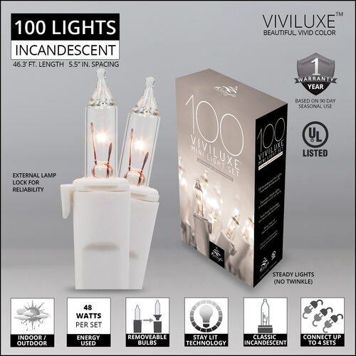 100 Viviluxe TM Clear Christmas Mini Lights, White Wire, 5.5" Spacing