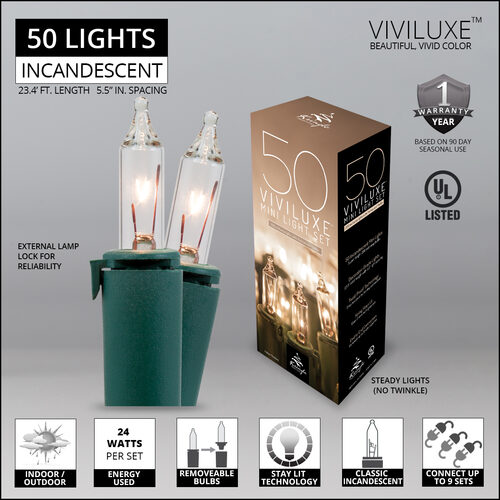 50 Viviluxe TM Clear Christmas Mini Lights, Green Wire, 5.5" Spacing
