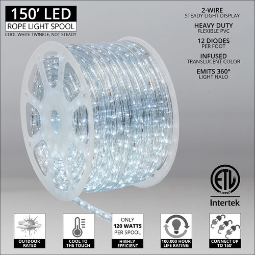 Cool White LED Rope Light, 150 ft, Twinkle