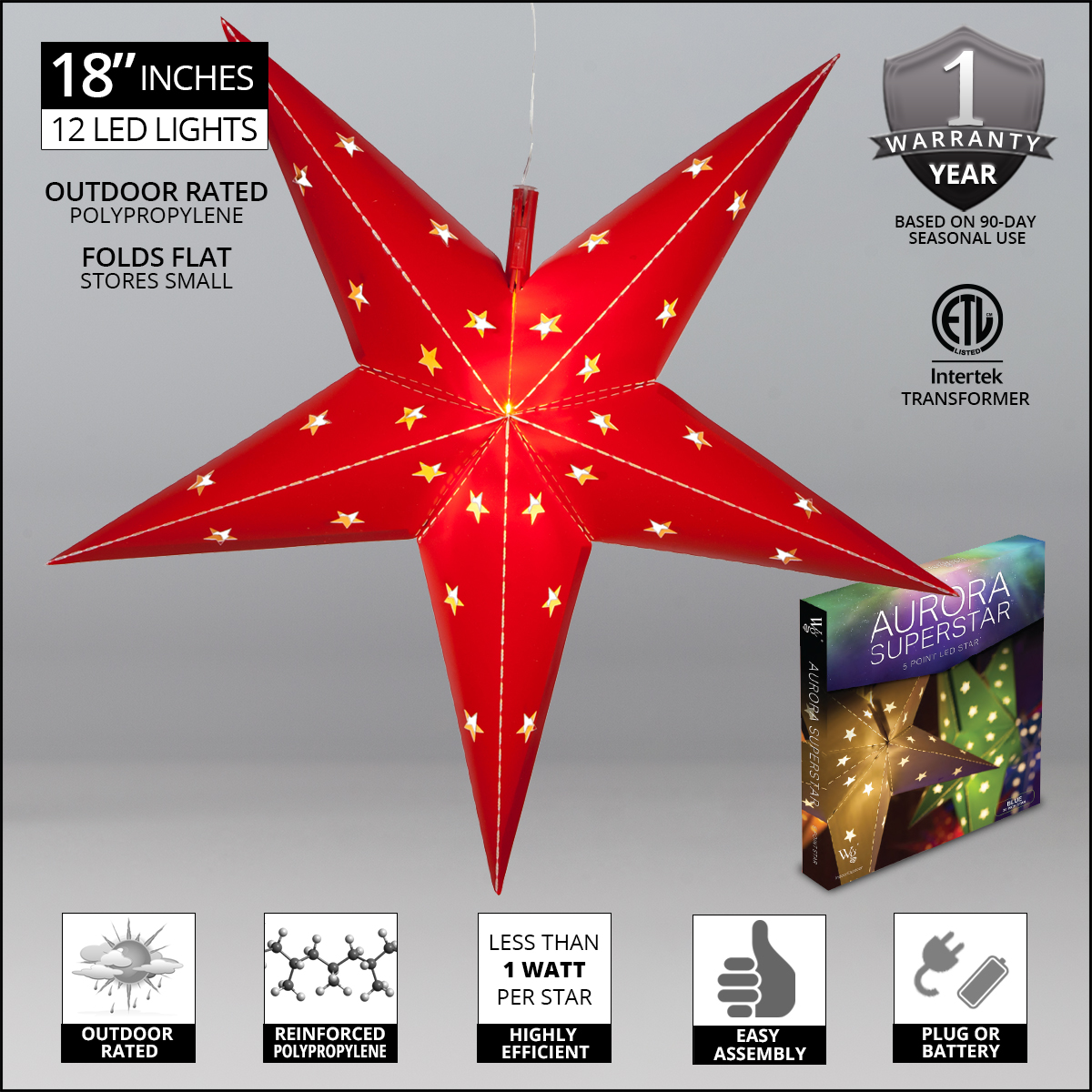 Red Aurora Superstar TM 5 Point Star Light, Fold-Flat, LED Lights