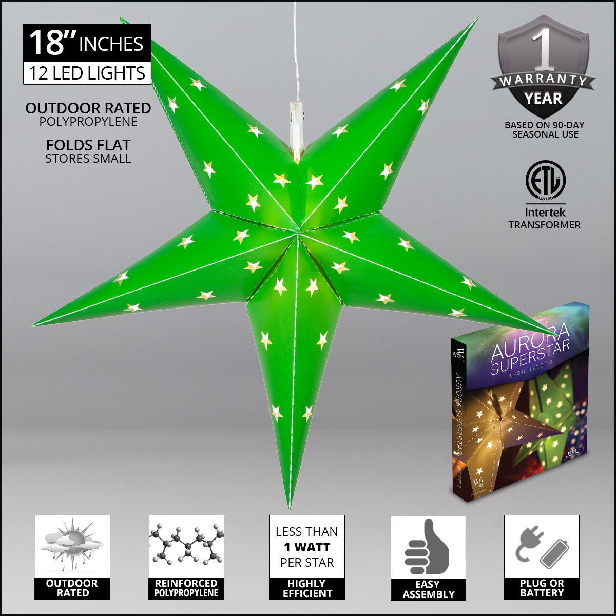 Green Aurora Superstar TM 5 Point Star Light Fold Flat LED