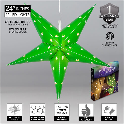 24" Green Aurora Superstar TM 5 Point Star Light, Fold-Flat, LED Lights, Outdoor Rated