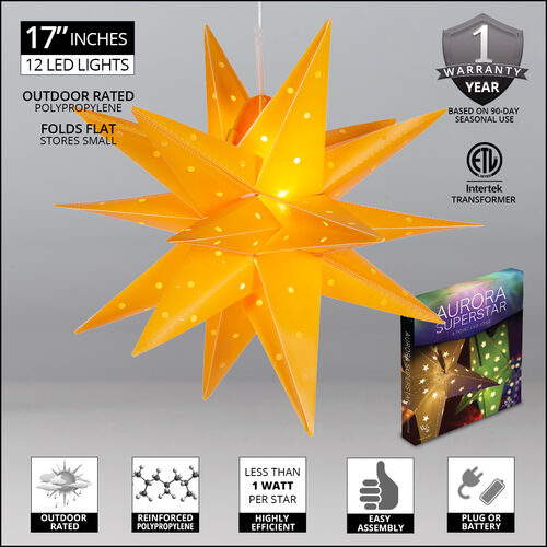 17" Yellow Aurora Superstar TM Moravian Star Light, Fold-Flat, LED Lights, Outdoor Rated