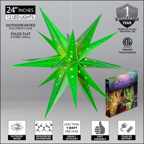 24" Green Aurora Superstar TM Moravian Star Light, Fold-Flat, LED Lights, Outdoor Rated