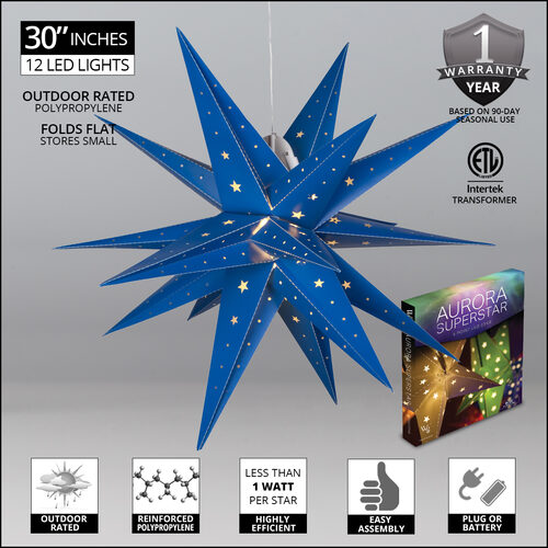 30" Blue Aurora Superstar TM Moravian Star Light, Fold-Flat, LED Lights, Outdoor Rated