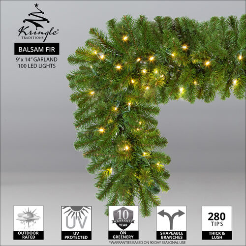 9' x 14" Balsam Fir Prelit LED Holiday Garland, 100 Warm White Lights