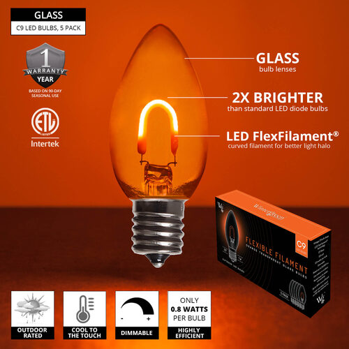 C9 Transparent Glass Amber FlexFilament LED Bulbs 