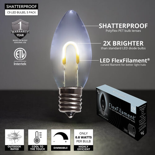 C9 Transparent Shatterproof Cool White FlexFilament LED Bulbs 