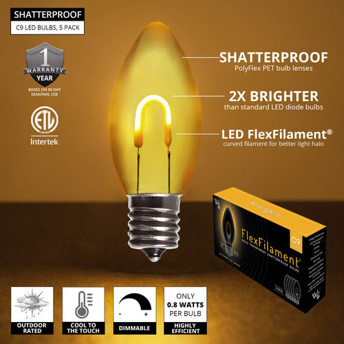 C9 Transparent Shatterproof Gold FlexFilament LED Bulbs 