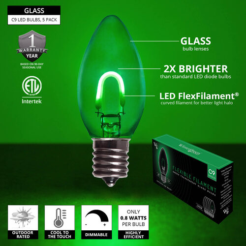 C9 Transparent Glass Green FlexFilament LED Bulbs 