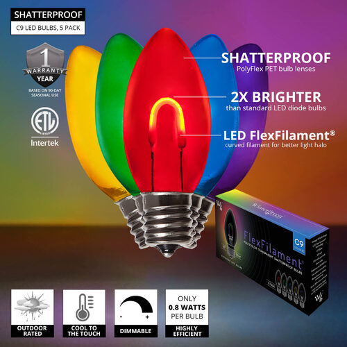 C9 Transparent Shatterproof Multicolor FlexFilament LED Bulbs 