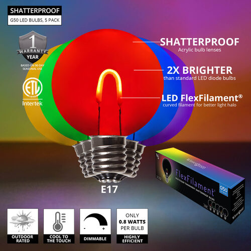 G50 Transparent Acrylic Multicolor FlexFilament Globe Light LED Edison Bulbs , E17 - Intermediate Base