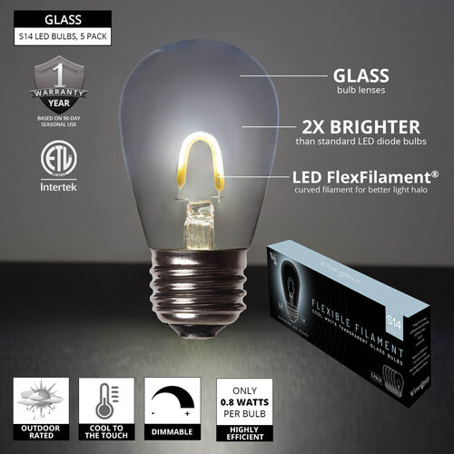 S14 Transparent Glass Cool White FlexFilament LED Bulbs 