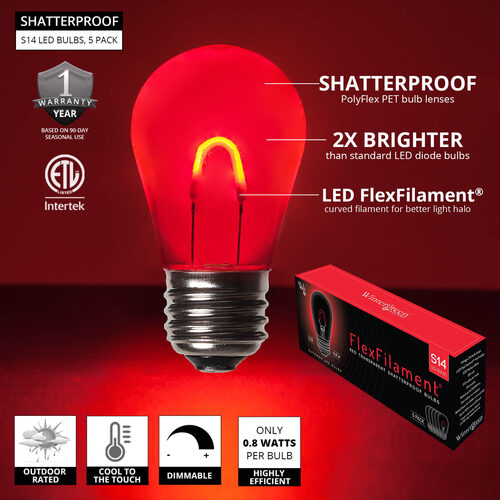 S14 Shatterproof Red FlexFilament TM LED Bulbs