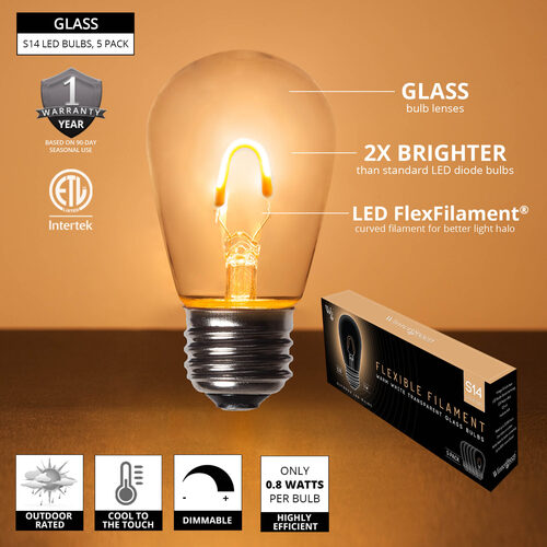 S14 Transparent Glass Warm White FlexFilament LED Bulbs 