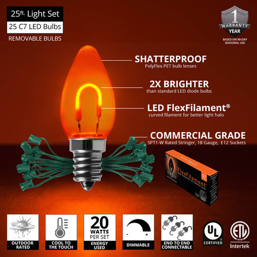 C7 Amber FlexFilament Shatterproof Vintage Commercial LED Christmas Lights, 25 Lights, 25'