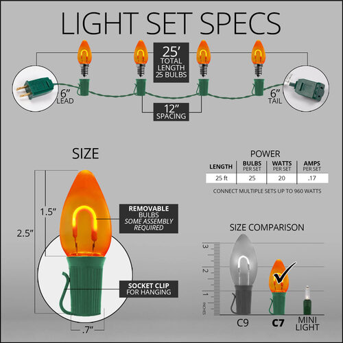 C7 Amber FlexFilament Shatterproof Vintage Commercial LED Christmas Lights, 25 Lights, 25'