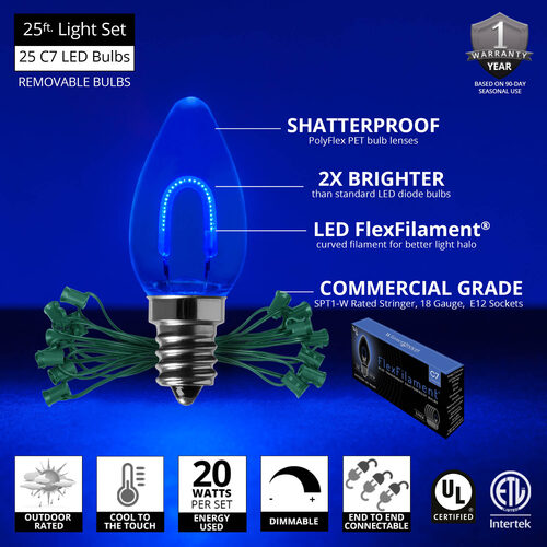 C7 Blue FlexFilament Shatterproof Vintage Commercial LED Christmas Lights, 25 Lights, 25'