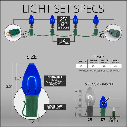 C7 Blue FlexFilament Shatterproof Vintage Commercial LED Christmas Lights, 25 Lights, 25'