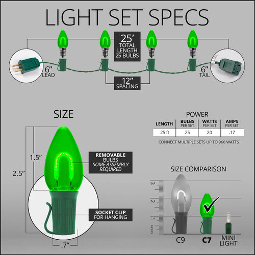 C7 Green FlexFilament Shatterproof Vintage Commercial LED Christmas Lights, 25 Lights, 25'