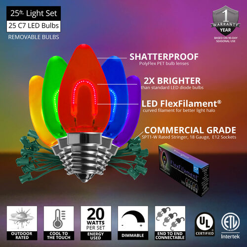 C7 Multicolor FlexFilament Shatterproof Vintage Commercial LED Christmas Lights, 25 Lights, 25'