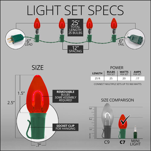 C7 Red FlexFilament Shatterproof Vintage Commercial LED Christmas Lights, 25 Lights, 25'