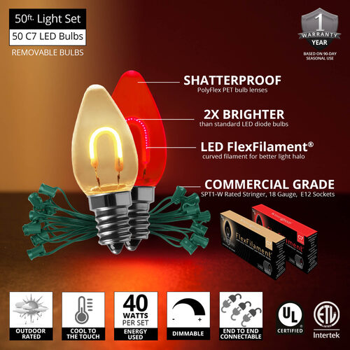 C7 Red / Warm White FlexFilament Shatterproof Vintage Commercial LED Christmas Lights, 50 Lights, 50'