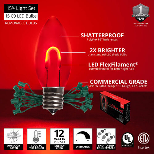 C9 Red FlexFilament Shatterproof Vintage Commercial LED Christmas Lights, 15 Lights, 15'