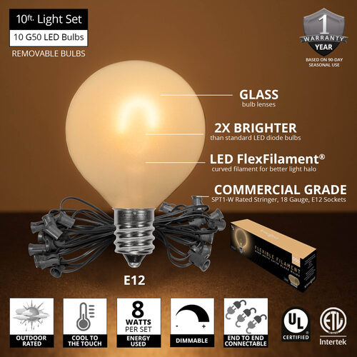 10' Warm White FlexFilament Satin LED Patio String Light Set with 10 G50 Bulbs on Black Wire, E12 Base