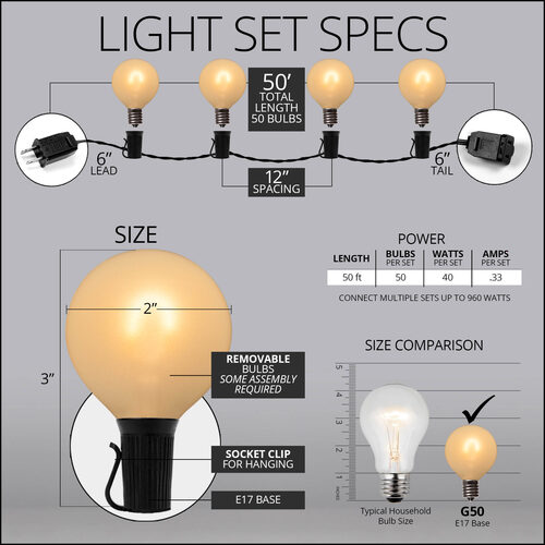 50' Warm White FlexFilament TM Satin LED Patio String Light Set with 50 G50 Bulbs on Black Wire, E17 Base